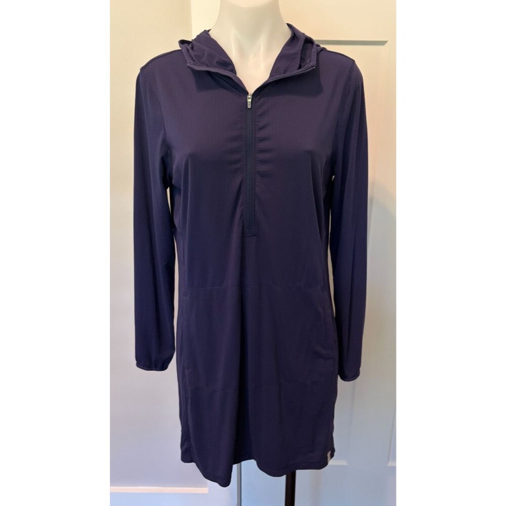 L L BEAN Womens Swim COVER-UP Long Sleeve BLUE Hooded DRESS Performance Size M